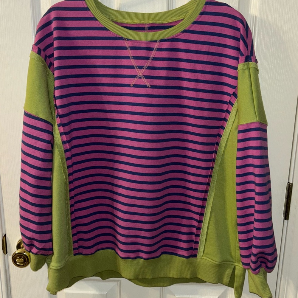 Green and White Striped Women's Sweater